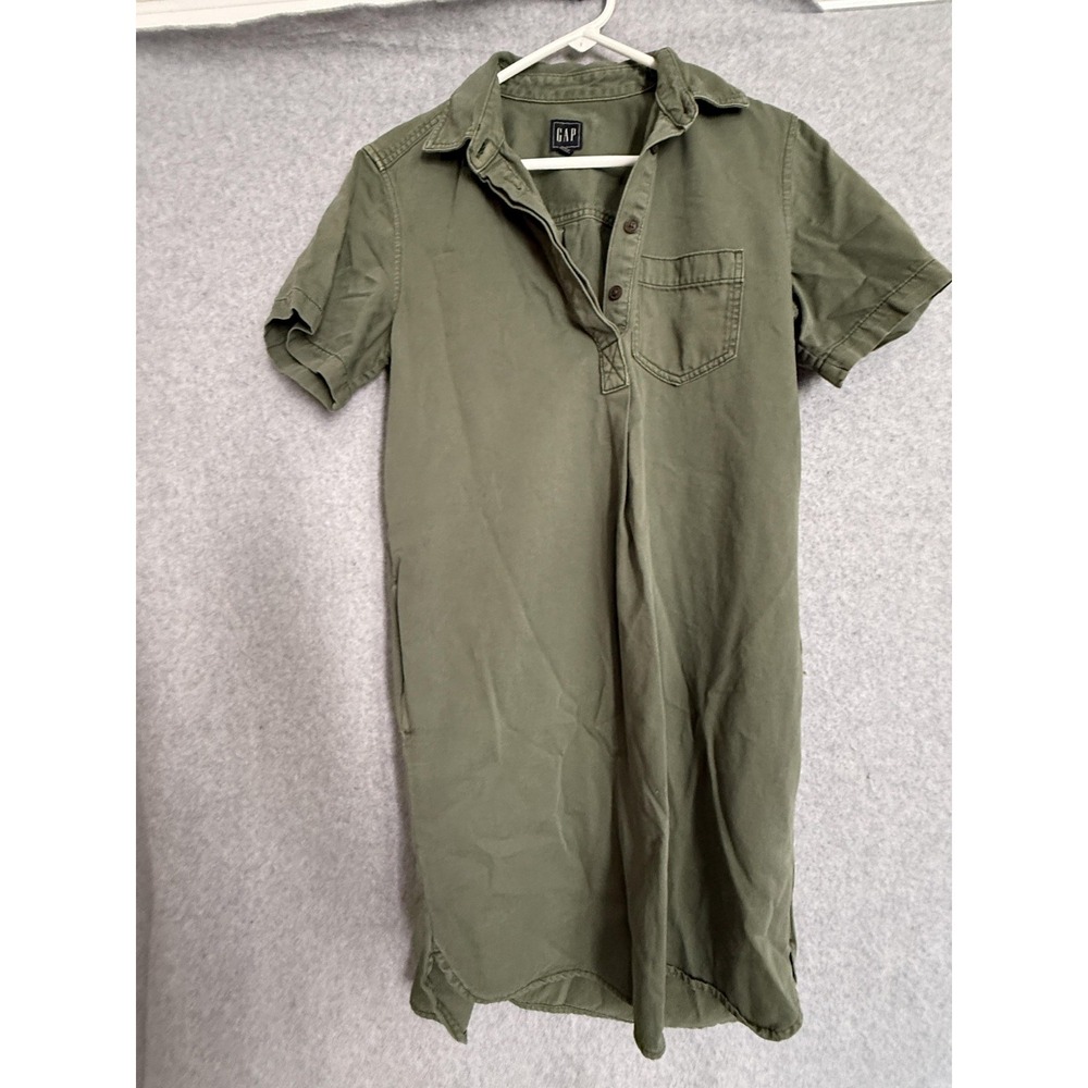 GAP Dress Womens Medium Green Twill Short Sleeve Shirt Dress Pockets Casual